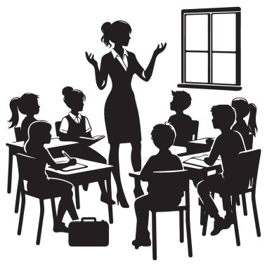 Sınıfta öğrencilere resim öğreten bir öğretmenin silueti