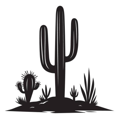 Saguaro kaktüs resimli bir çöl manzarasının silueti.