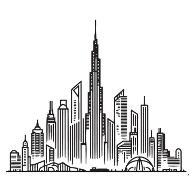 Dubai şehrinin ufuk çizgisi ayrıntılı siluet illüstrasyon sanatı