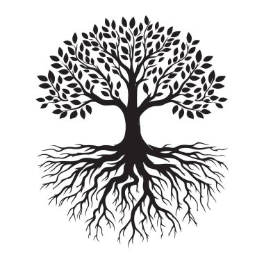 Kök Sistemi ile Majestic Tree of Life Siluet Vektör İllüstrasyonu