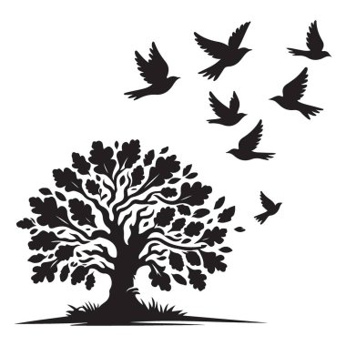 Meşe Ağacı Silueti ve Kuş Sürüsü Grafik Doğa Vektörü