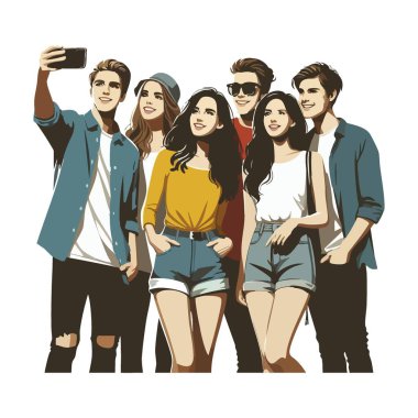 Neşeli arkadaşlar günlük kıyafetleriyle selfie çekiyorlar.