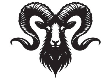 Kıvrık boynuzları ve siluet vektör illüstrasyonuyla güçlü bir koç kafası