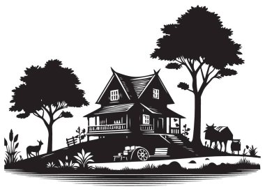 Manzaralı ev silueti manzara vektör çizimi