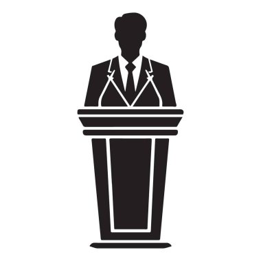 Politikacı silueti podyumda konuşma yapıyor.