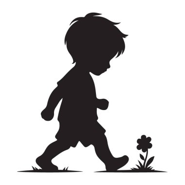 Bir çiçeğe doğru yürüyen küçük çocuğun silueti.