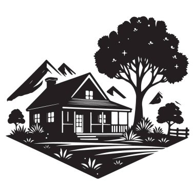 Siluet Evi Doğada Ağaçlar ve Dağlar Vektörüyle İllüstrasyon
