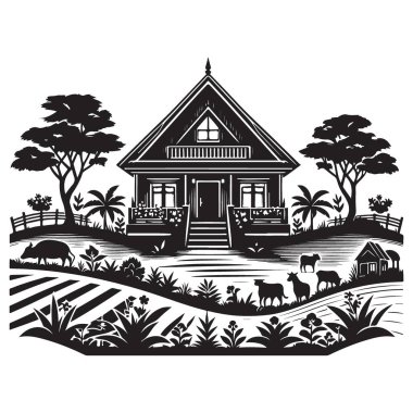 Kırsal Çiftlik Evi ve Peyzaj Silueti Vektör Resimleme Grafiği
