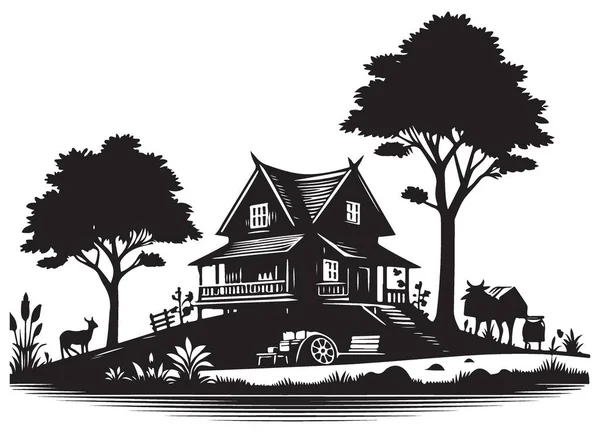 Manzaralı ev silueti manzara vektör çizimi