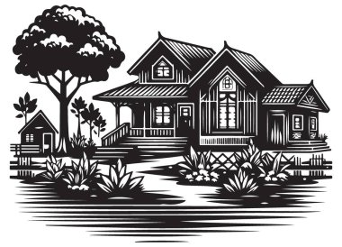 Ayrıntılı ağaç vektör illüstrasyonlu ev mimarisi