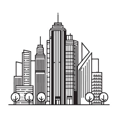 Gökdelenler ve Ağaçlarla Modern Şehir Çizimleri Siyah ve Beyaz