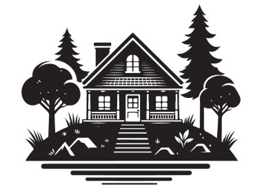 Ormanda Kabin Ayrıntılı Resimli Vektör Silueti Biçimi
