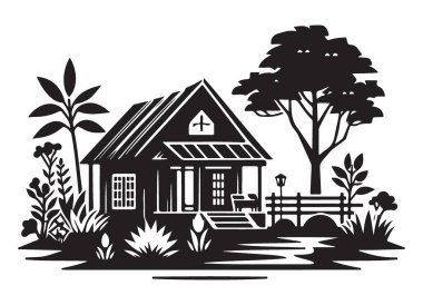 Büyüleyici Kulübe Siyah Siluet Vektör Grafik Çizim İndirme