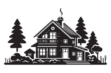 Ağaçlı ve bakımlı bahçeli detaylı ev vektör çizimi
