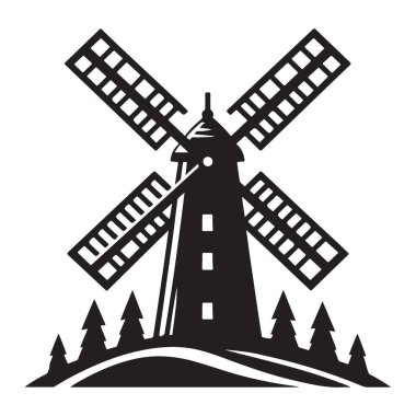 Geleneksel Enerji Tasarımı için Klasik Yel Değirmeni Siluet Vektörü İllüstrasyonu