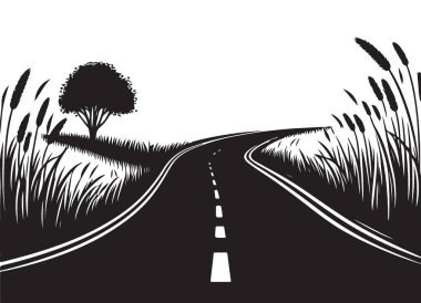 Ağaç ve Uzun Çimenli Manzaralı Country Road Illustration