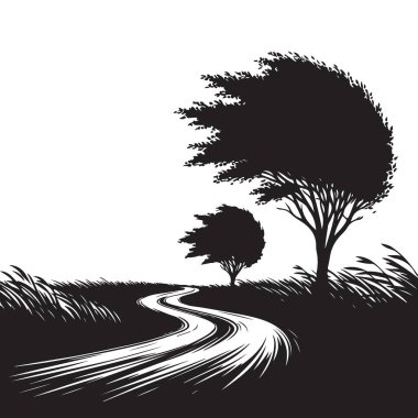 Dolambaçlı Yoldaki Siluet Ağacı Resimlendirme Yolculuğu ve Doğal Manzara