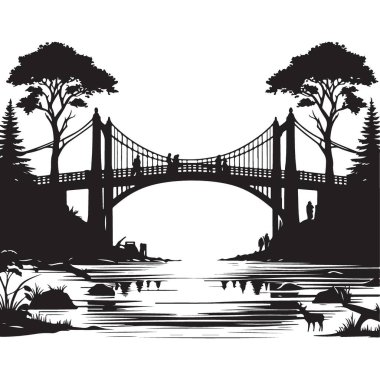Köprü Silüeti Vektör Sanatı Nehri Peyzaj Yapısı Tasarımı