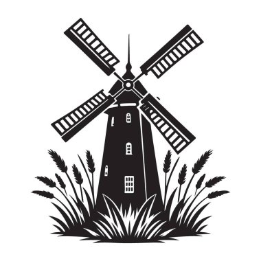 Kara Yel Değirmeni Siluet Vektör Çizimi Buğday Sapı Tasarımı