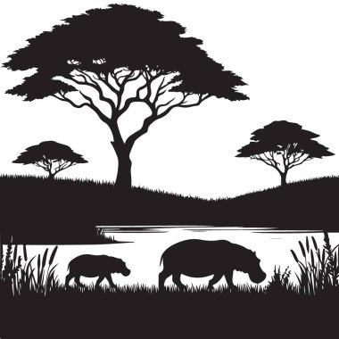 Afrika Savanası Hippo Siluet Vektör Grafik Resimleri Ağaçların Altında