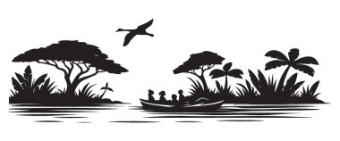 Tekne ve İnsan Vektörü İllüstrasyonlu Siluet Nehri Sahnesi