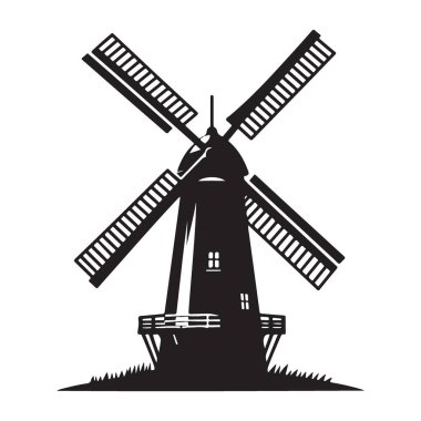 Geleneksel Yel Değirmeni Silüeti Resimleri Kırsal Sahne Vektörü Sanat Tasarımı