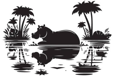 Tropikal Palmiye Ağaçları Altında Suda Sükunet Hippo Görüntü