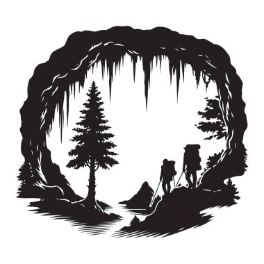 Stalactites Siluet Çizimleriyle Bir Mağarada Maceracı Yürüyüşçüler