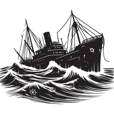 Sert Denizler ve Denizcilik Elementleriyle Eski Gemi Enkazı İllüstrasyonu
