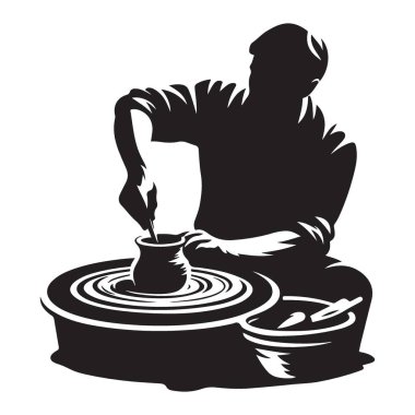Potter Siluet Sanatı Tekerlekli Çamur Çömleği Yapıyor