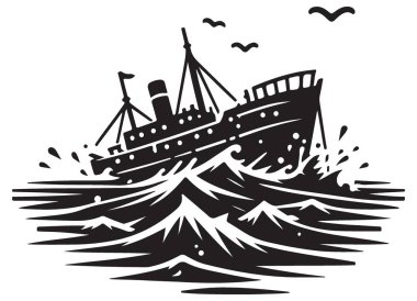 Fırtınalı Okyanus Sularında Dramatik Gemi Enkazı Çizimi Silüeti