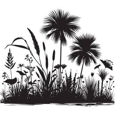 Doğa Tasarımları için Yemyeşil Bataklık Bitkileri Siluet Vektör Grafiği