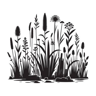 Siyah ve Beyaz Vahşi Bitkiler ve Çiçekler Siluet Çizimi