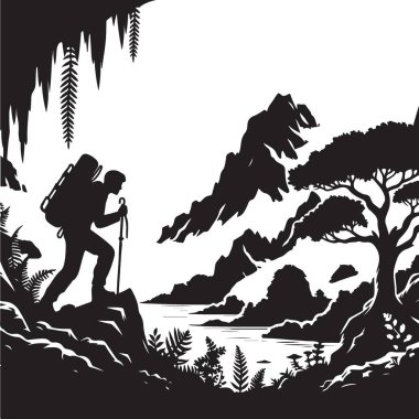 Manzaralı Dağ Yürüyüşü Macera Manzarası Silüeti Çizimi