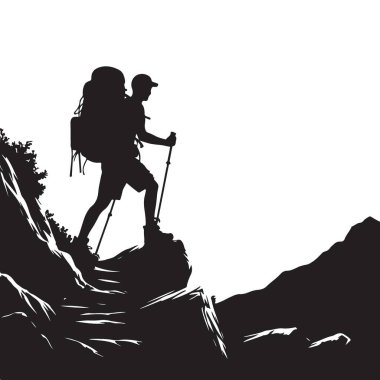 Sırt çantasıyla dağa tırmanan bir insanın silueti.