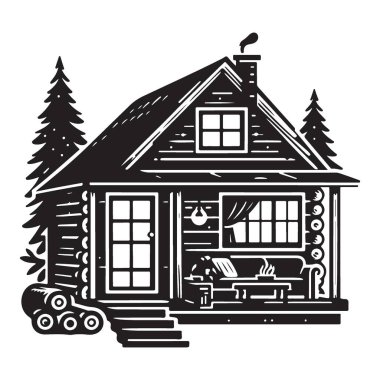 Ormandaki Kırsal Kereste Kulübesi: Konforlu Ev Vektörü İllüstrasyonu
