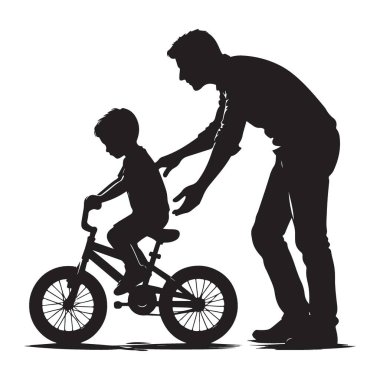 Babası Çocuğa Bisiklete Binmeyi Öğretiyor Siyah Siluet Çizimi