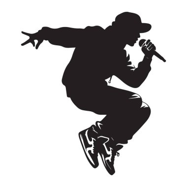 Enerjik Rapçi Silueti Konser Sahnesinde Mikrofonla Oynuyor