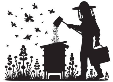 Arıcı Arı Kovanı ve Çizimleri ile Bal Hasadı Silueti