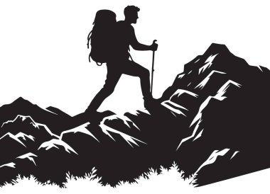 Macera Yürüyüşü Silueti Sırt çantası ve sopayla Dağ Tepesine ulaşıyor