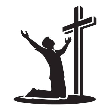 Bir Hıristiyan Haçı önünde diz çöküp dua eden adam