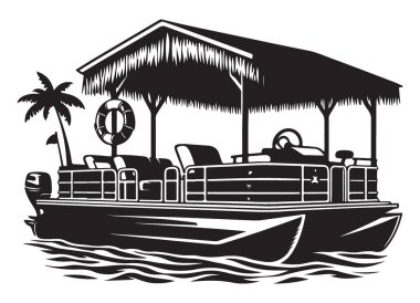 Tropik Kaçak Pontoon Teknesi Suda Siyah Çizim