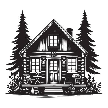 Çam Ağaçları Siluet Sanatıyla Kırsal Kütük Kulübesi Vektör Tasarımı