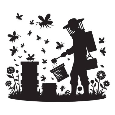 Detaylı Arıcı Silueti Vektör Grafiği Arılarla Çalışıyor