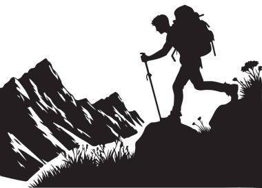 Macera ve Kararlılık Dağ Silüet Vektör Sanatı Yürüyüşü