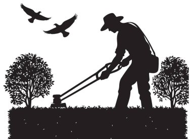 Bir bahçe düzenleyicisinin silueti üzerinde uçan kuşlarla çimleri biçiyor.