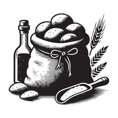 Hasat edilen malların resmi: Patates ve Tahıl Torbası