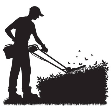 Bahçıvan Vektör Resim Tasarımı Yazan Çit Kesme Silueti