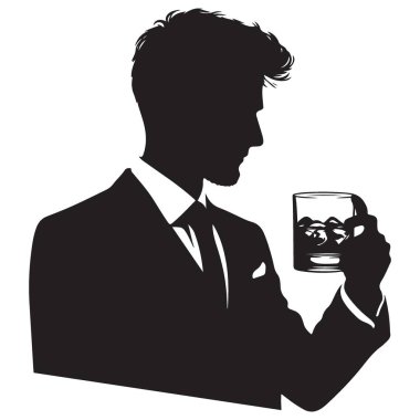Viski bardağı tutan takım elbiseli bir adamın silueti.