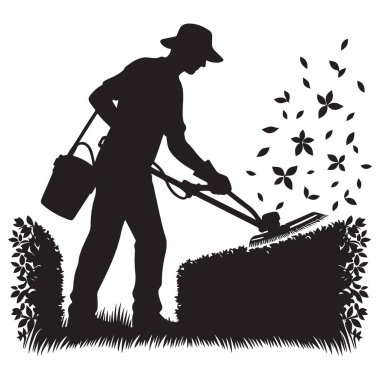 Bahçıvanın bahçe bakımı silueti Çiti buduyor